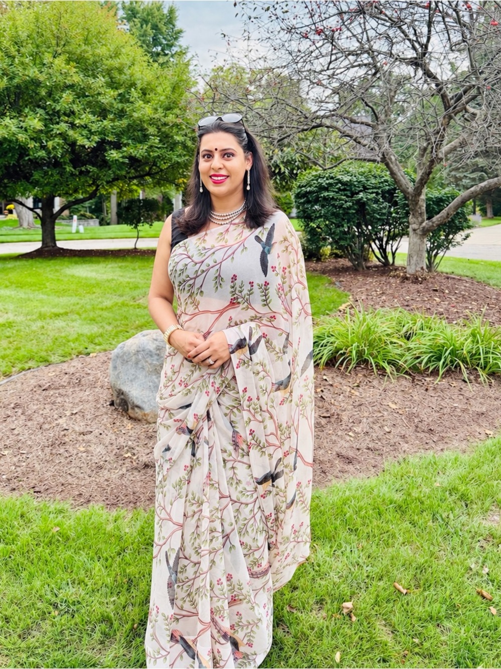 Cream Floral Bird-Print Saree